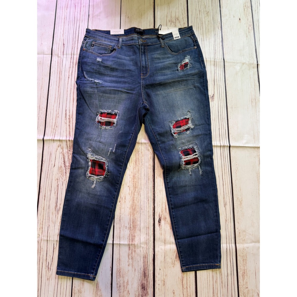 Judy Blue Skinny Fit Mid Rise Jeans Red Buffalo Plaid Patch Distressed 3XL NEW